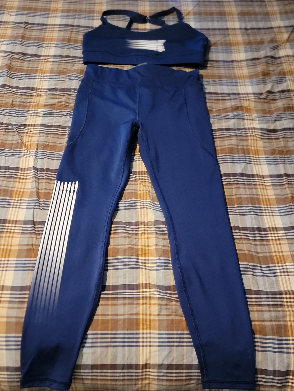 Savage X Fenty Navy Leggings And Bra with White Striped Panel